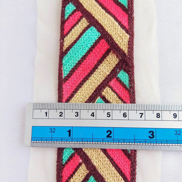 Beige Net With Beige, Pink, Green And Brown Embroidery